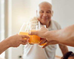 Celebration, senior happy man or toast with orange juice, beverage or glass drinks for fun friends...
