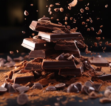 Pieces of chocolate and cocoa powder splashes on a black background.  International chocolate day celebration