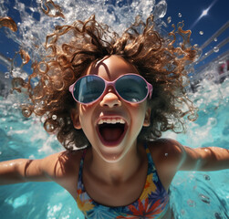child in swimming pool with sunglasses smiling, in the style of photo-realistic landscapes