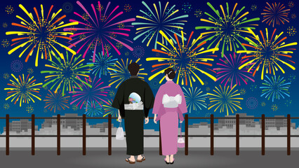 花火　浴衣　カップル