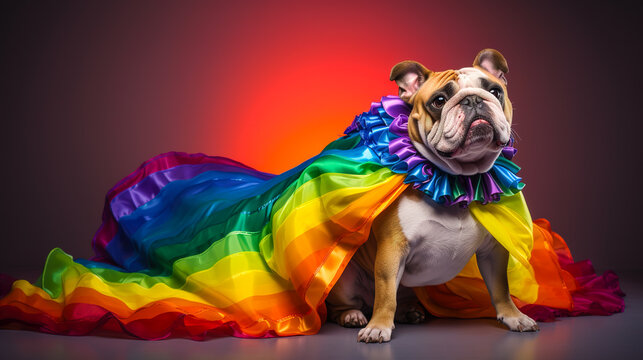 Cute funny bulldog wearing rainbow dress isolated on colorful background. LGBTQ , pride, gay, lesbian concept. Digital illustration generative AI.