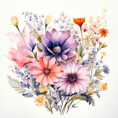 Boho chic Floral Wildflowers Watercolor, Delicate Blooms on a white background. AI generation