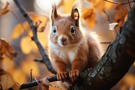 The squirrel sits on tree in the autumn. Generative AI