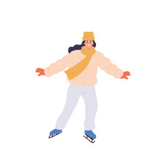 Young happy woman in warm outwear enjoying ice skating on rink or frozen pond isolated on white