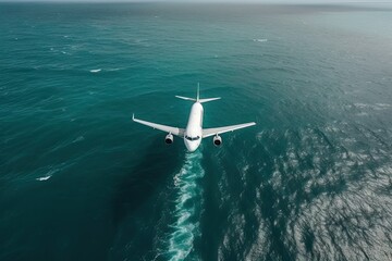 Top View Close Up of Airplane Flying over the Sea