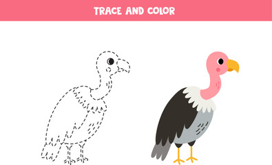 Trace and color cartoon vulture. Worksheet for children.