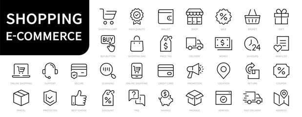 Shopping & E-commerce line icons set. Shopping. Online shopping thin line icons. E-commerce symbols collection. Editable stroke icons. Vector - obrazy, fototapety, plakaty