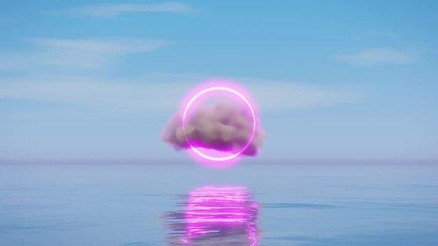 Surreal ocean landscape with pink circle and cloud in the blue sky over the sea waters. Modern minimal abstract background. 3d Rendering