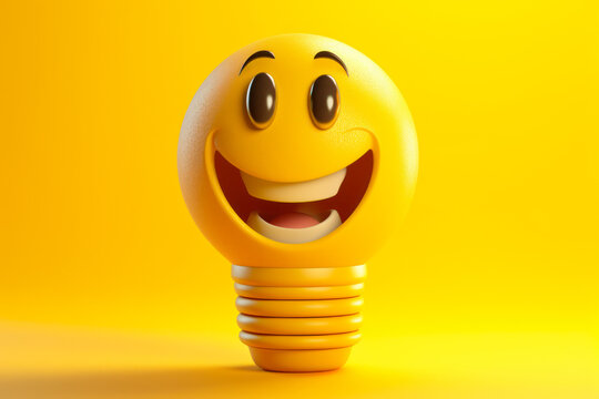 happy yellow light bulb character smile generative ai