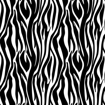 Black and white Zebra print seamless pattern. Animal skin, tiger stripes, abstract, line background, fabric. Vintage, retro 80s, 90s. Modern hand drawn vector illustration. Poster, banner monochrome