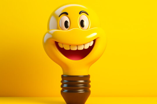 yellow light bulb character smile generative ai