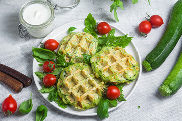 Zucchini waffles with arugula and cherry tomatoes in a plate