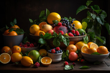 Naklejka na ściany i meble citrus berry and fruits on table generative ai