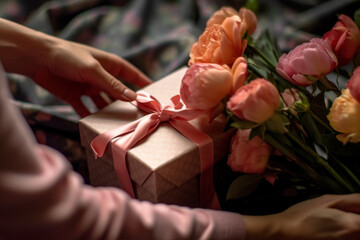 Obraz premium woman holding a surprise gift box for women day generative ai