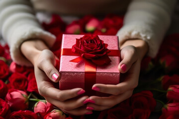 woman holding a gift box with red ribbon on flower background generative ai