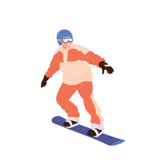 Snowboarder character wearing warm winter clothes riding board isolated on white background