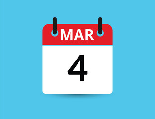 March 4. Flat icon calendar isolated on blue background. Date and month vector illustration