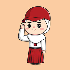 indonesia elementary school student saluting cute hijab girl chibi kawaii character
