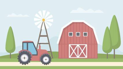 Agriculture development. Tractor on the rarm next to the hangar. Modern vector illustration.