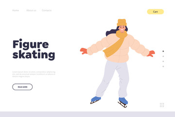 Figure skating landing page design template with young woman in winter outwear dancing on ice