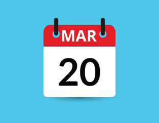 March 20. Flat icon calendar isolated on blue background. Date and month vector illustration