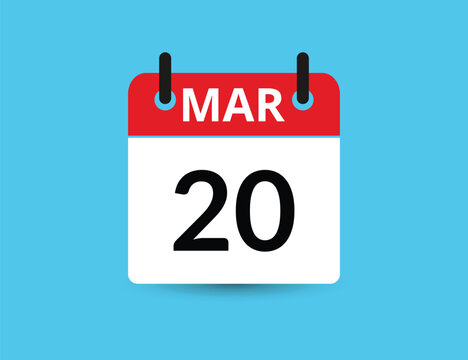 March 20. Flat icon calendar isolated on blue background. Date and month vector illustration