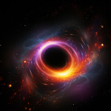 black hole with a glowing constellation of various colors revolves around a black hole in the universe	