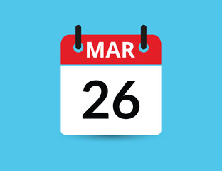 March 26. Flat icon calendar isolated on blue background. Date and month vector illustration