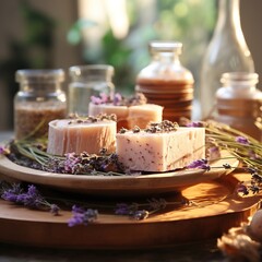 Fragrant handmade soap made from natural herbal ingredients. Organic soap in a beautiful color. Candles comfort and flowers. AI generation.