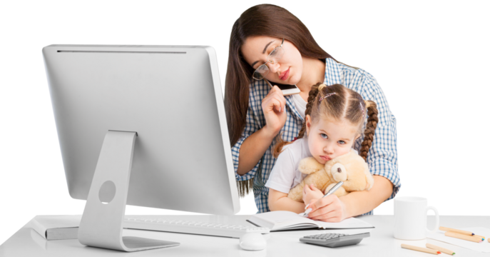 Beautiful young mother working for computer it home with little spoiled child . Mom or teacher and little girl child learn it home.