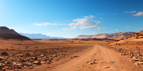 Fototapeta na wymiar Desert landscape. Road in the desert. Generative AI technology.