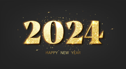Happy new year 2024 banner. Golden luxury number 2024 Happy new year. Gold Festive design. New Year Banner