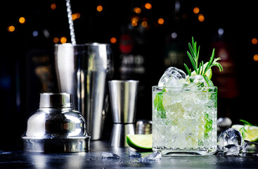 Gin fizz alcohol cocktail drink with dry gin, lime juice, sugar syrup, soda, rosemary and ice. Black bar counter background, steel bar tools and bottles