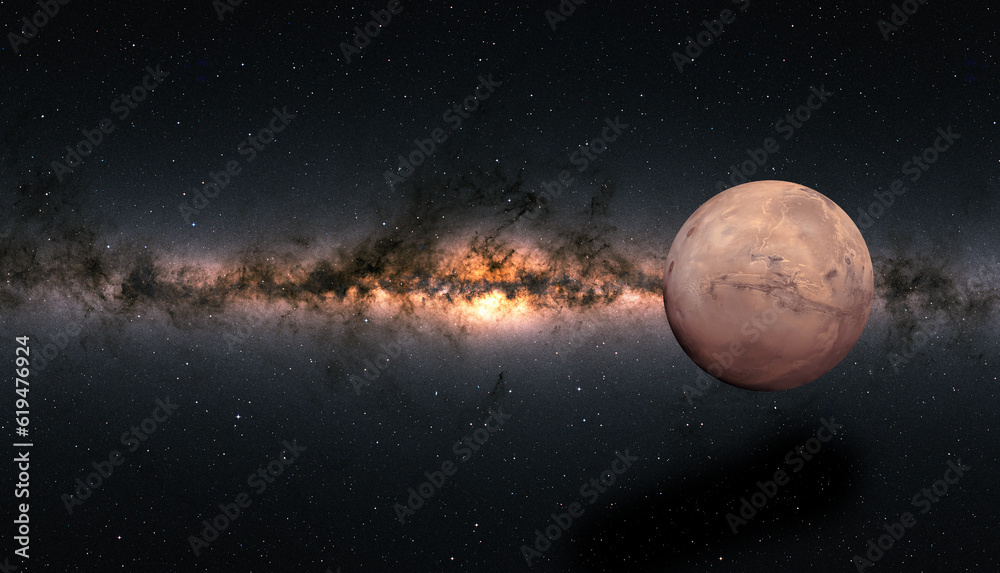 Poster View of Mars from outer space with millions of stars around it Milky Way galaxy in the background 