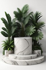 Fototapeta premium white marble cylinder podium green leaves in white background made with Generative AI