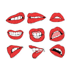 set red female lips collection sketch vector illustration line art