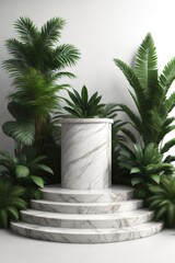 Obraz premium white marble cylinder podium green leaves in white background made with Generative AI