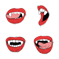 Fototapeta na wymiar set red vampire lips collection sketch vector illustration line art
