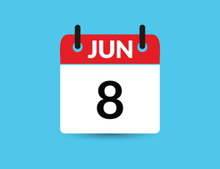 June 8. Flat icon calendar isolated on blue background. Date and month vector illustration