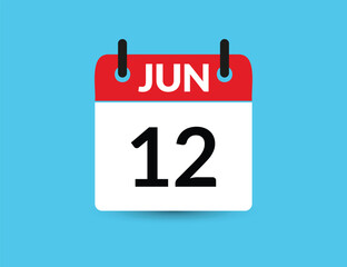 June 12. Flat icon calendar isolated on blue background. Date and month vector illustration