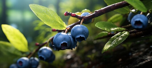 Summer fruits blueberry background, food photography - Close up of ripe blueberries in forest or plantation (Generative Ai)