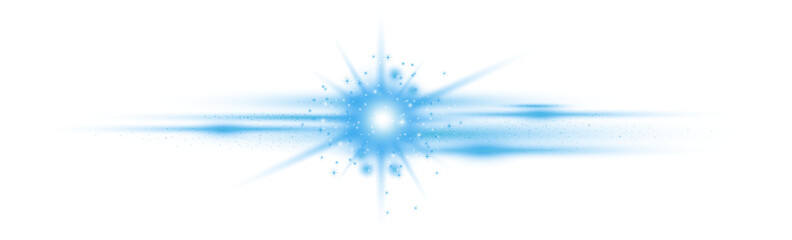 Blue Horizontal lens flare. Glowing streaks and stars on transparent background. Laser beams. PNG.