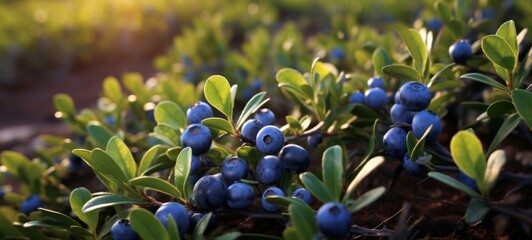 Summer fruits blueberry background, food photography - Close up of ripe blueberries in forest or plantation (Generative Ai)