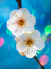 青い背景の二輪の梅の花