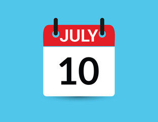 July 10. Flat icon calendar isolated on blue background. Date and month vector illustration