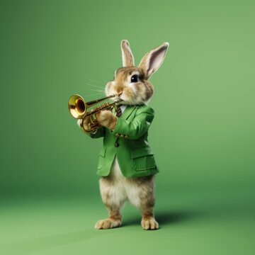 Rabbit with a trampet in a green jacket on a green background.