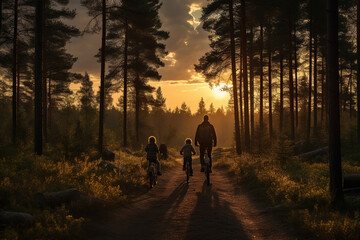 Family riding on bicycles through the forest during sunset, woodland, summer activity outdoors together, AI Generative.