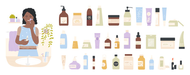 Cosmetic skincare set vector illustration. Cartoon isolated female character holding jade guasha and bottle of oil to massage skin, collection of containers with cosmetic products for face and body