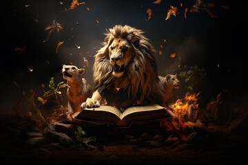 Open book with magic nature world with wild animals lions, animal-themed book, storytelling concept,  Encyclopedia of wild animals, Fantasy and literature AI Generative