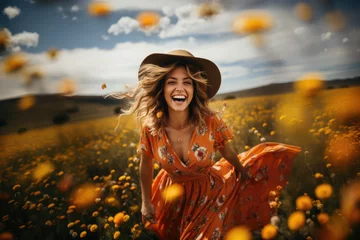 Photo sur Plexiglas Prairie, marais Floral Grace. Springtime Elegance with Woman in orange Flower Print Dress and Hat Amid Wildflowers. Nature's Palette Concept